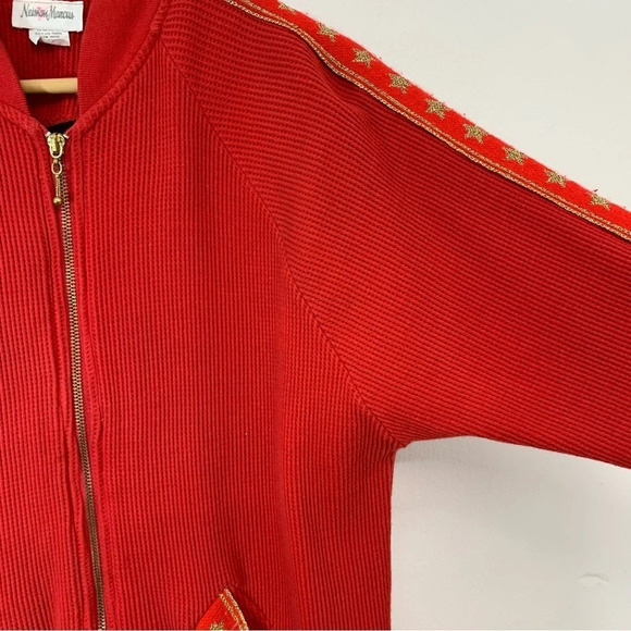 Vtg Neiman Marcus Thermal Waffle Knit Red Sweatshirt Woman M Zip Gold Trim USA - Picture 4 of 11